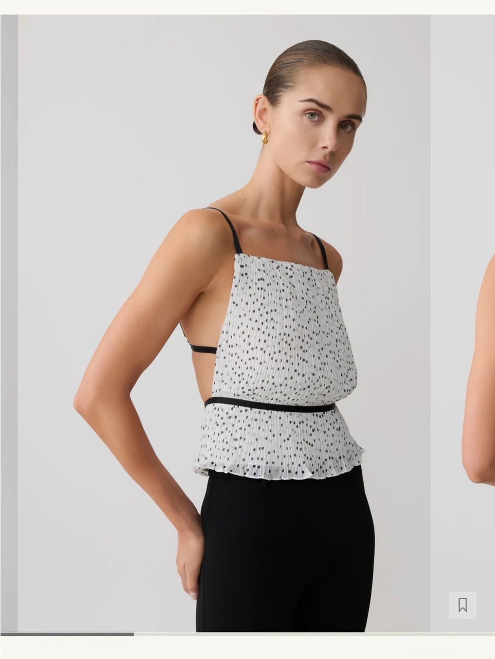 Meshki White and Black Polka Pleated Peplum Camisole